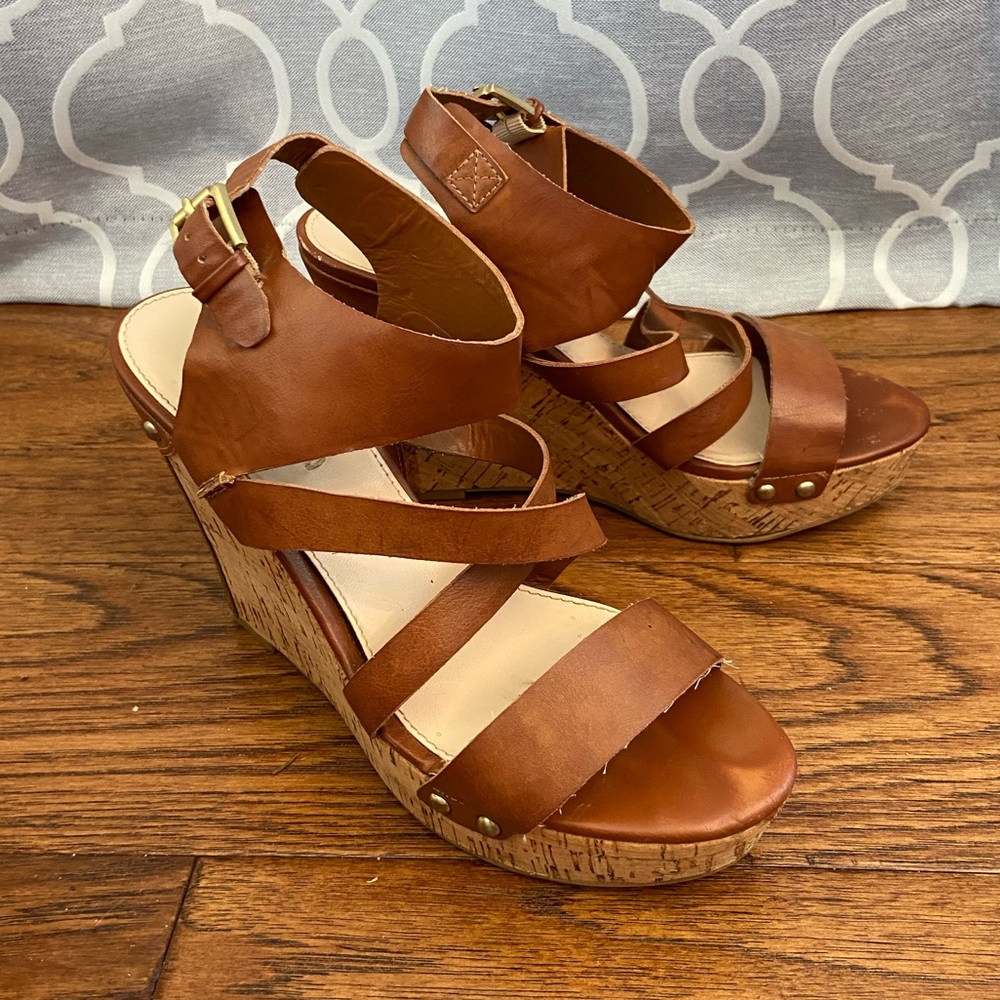 Guess | Brown Leather Cork Wedges, size 8